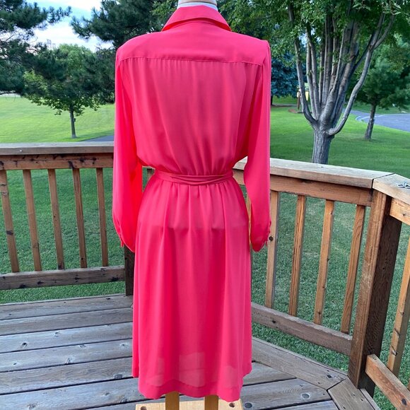 Vintage 80s Willi Petites Pink Button-Up Belted Dress Size 12 Polyester Lined - Picture 7 of 16